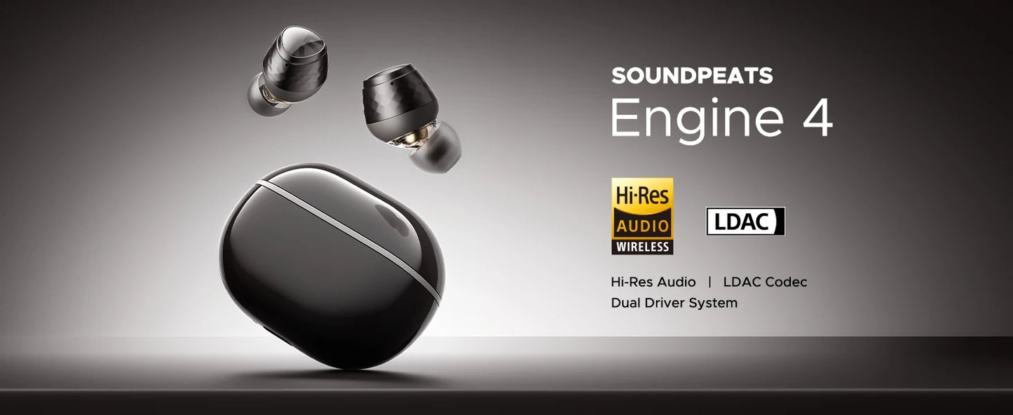 SoundPEATS Engine4 Hi-Res Bluetooth 5.3 Wireless Earbuds with LDAC, Coaxial Dual Dynamic Drivers for Stereo Sound, Total 43 Hrs
