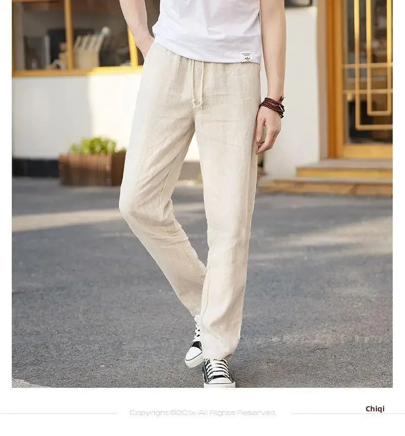 High-end 100% Pure Linen Pants Men's Thin Summer White Pants Casual Loose-fit Straight-leg Cotton Linen Trousers