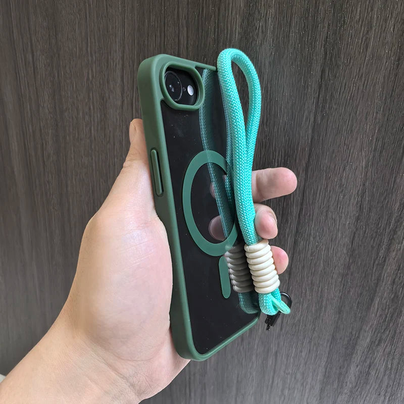 Luxury With Lanyard Clear For Magsafe Phone Case For iPhone 16 15 14 13 12 11 Pro Max Shockproof Armour Wrist Strap Back Cover