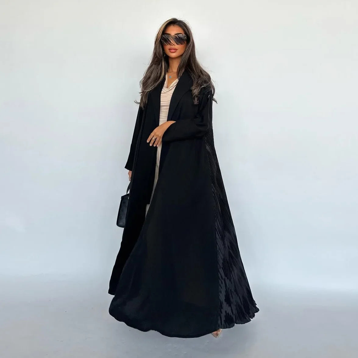 Eid Black Pleated Abaya Cardigan – Muslim Party Dress Kaftan