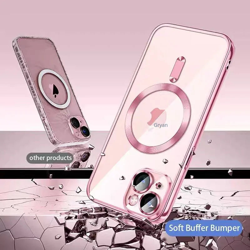 NEW Pink Transparent Magsafe Case For iPhone 16 15 14 13 11 Pro Max Magnetic Wireless Charge Back Shockproof Plating Soft Cover
