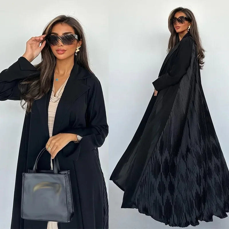 Eid Black Pleated Abaya Cardigan – Muslim Party Dress Kaftan