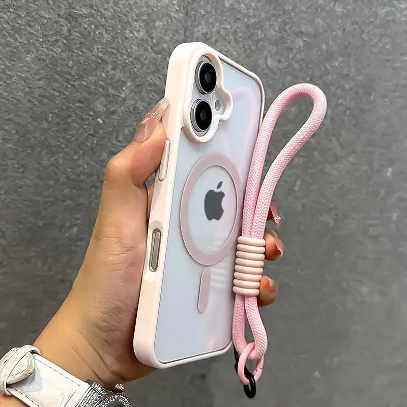 Luxury With Lanyard Clear For Magsafe Phone Case For iPhone 16 15 14 13 12 11 Pro Max Shockproof Armour Wrist Strap Back Cover