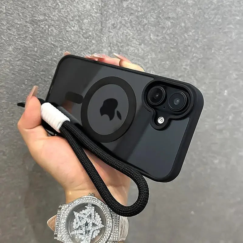 Luxury With Lanyard Clear For Magsafe Phone Case For iPhone 16 15 14 13 12 11 Pro Max Shockproof Armour Wrist Strap Back Cover