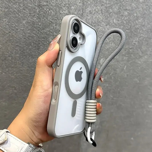Luxury With Lanyard Clear For Magsafe Phone Case For iPhone 16 15 14 13 12 11 Pro Max Shockproof Armour Wrist Strap Back Cover