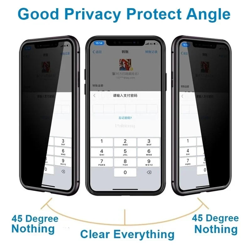 Magnetic tempered glass privacy metal case for iPhone 16 15 14 13 12 XR 11 pro Max 7 8 plus 360 magnet antispy protective cover