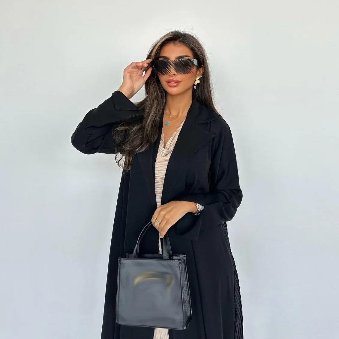 Eid Black Pleated Abaya Cardigan – Muslim Party Dress Kaftan