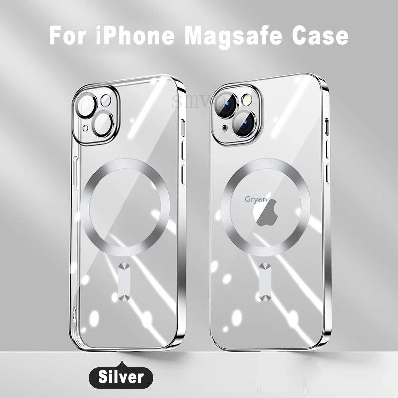 NEW Pink Transparent Magsafe Case For iPhone 16 15 14 13 11 Pro Max Magnetic Wireless Charge Back Shockproof Plating Soft Cover