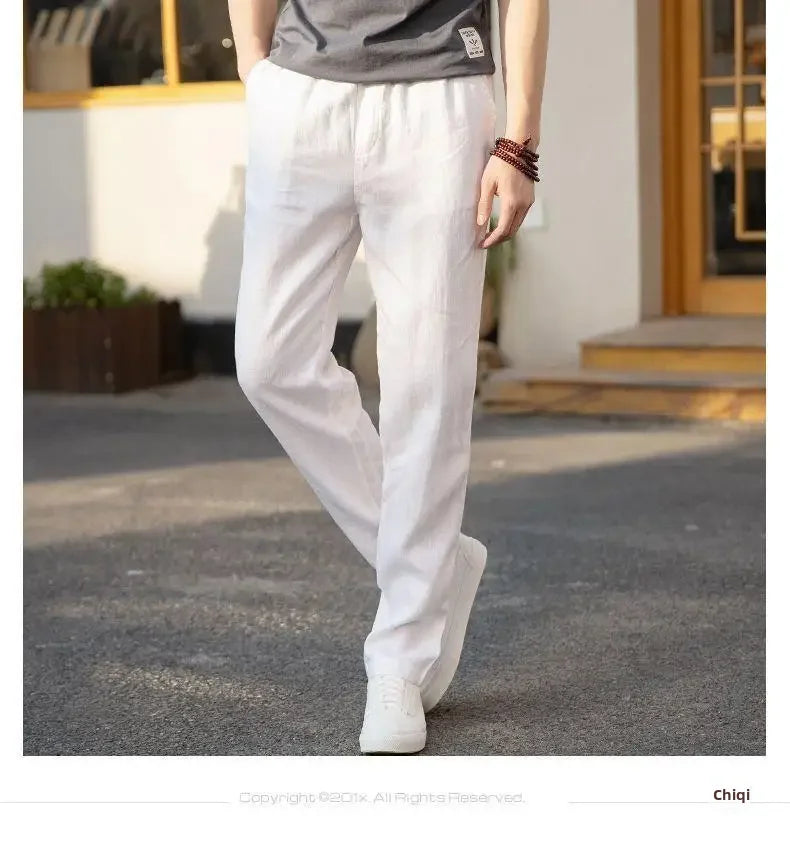 High-end 100% Pure Linen Pants Men's Thin Summer White Pants Casual Loose-fit Straight-leg Cotton Linen Trousers