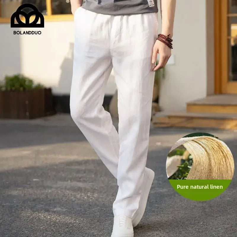 High-end 100% Pure Linen Pants Men's Thin Summer White Pants Casual Loose-fit Straight-leg Cotton Linen Trousers