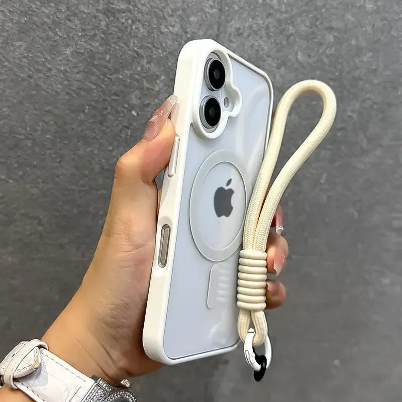 Luxury With Lanyard Clear For Magsafe Phone Case For iPhone 16 15 14 13 12 11 Pro Max Shockproof Armour Wrist Strap Back Cover