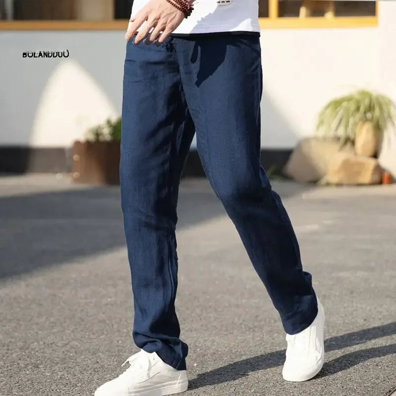 High-end 100% Pure Linen Pants Men's Thin Summer White Pants Casual Loose-fit Straight-leg Cotton Linen Trousers