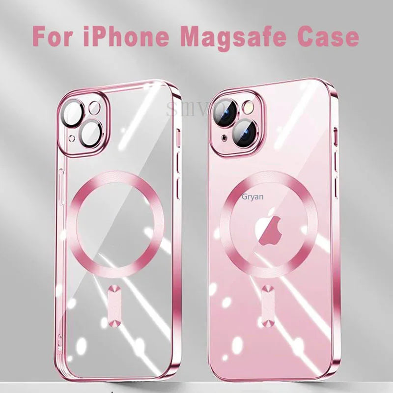 NEW Pink Transparent Magsafe Case For iPhone 16 15 14 13 11 Pro Max Magnetic Wireless Charge Back Shockproof Plating Soft Cover