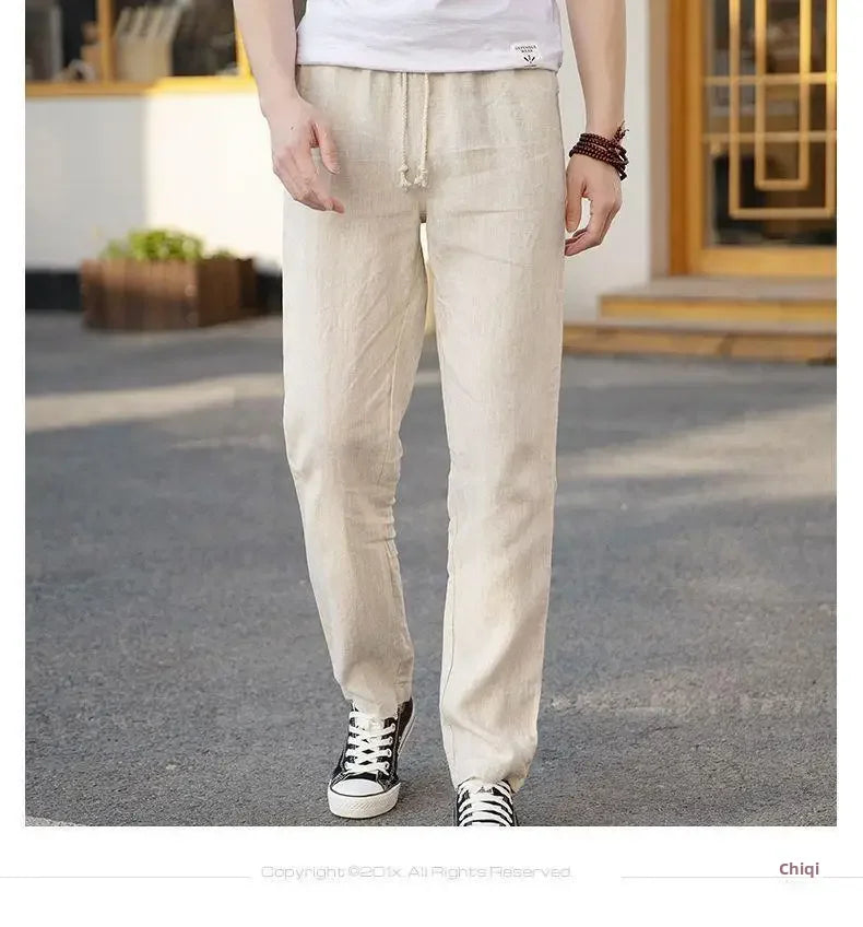 High-end 100% Pure Linen Pants Men's Thin Summer White Pants Casual Loose-fit Straight-leg Cotton Linen Trousers