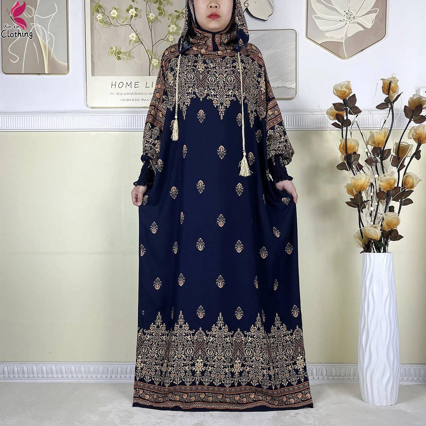 2025 Latest Cotton Abaya Double Hat Muslim Ramadan Prayer Clothing Casual Robe Long Sleeves Loose Woman Islam Prayer Clothing