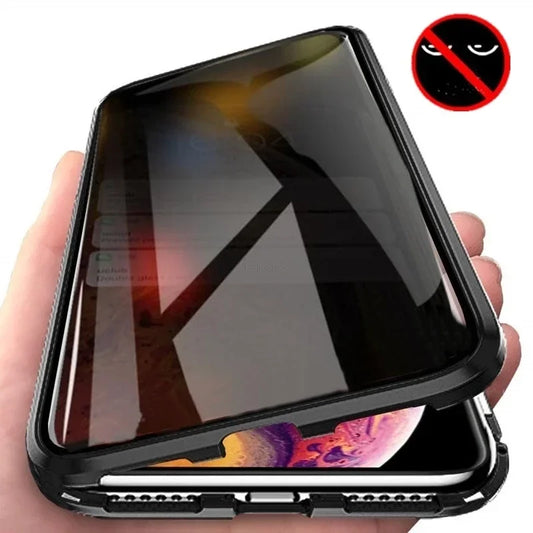 Magnetic tempered glass privacy metal case for iPhone 16 15 14 13 12 XR 11 pro Max 7 8 plus 360 magnet antispy protective cover