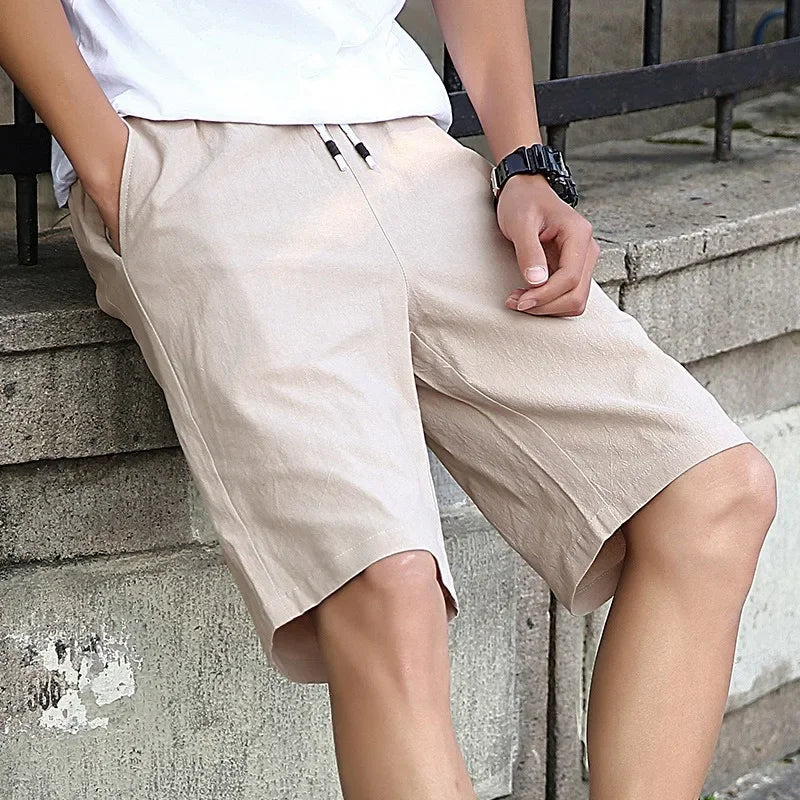 2025 Summer Men's Linen Cotton Shorts  5 Inch Inseam Casual Elastic Waist Beach Shorts for Outdoor Gym Travel