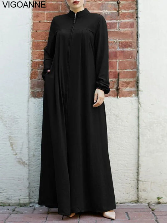 VigoAnne 2025 Muslim Abaya Solid Zipper One-piece Prayer Dress Women Long Sleeve Islamic Clothing Lady Dubai Saudi Robe Turkish