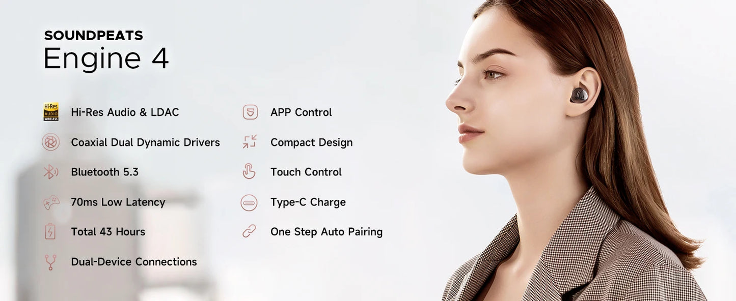 SoundPEATS Engine4 Hi-Res Bluetooth 5.3 Wireless Earbuds with LDAC, Coaxial Dual Dynamic Drivers for Stereo Sound, Total 43 Hrs