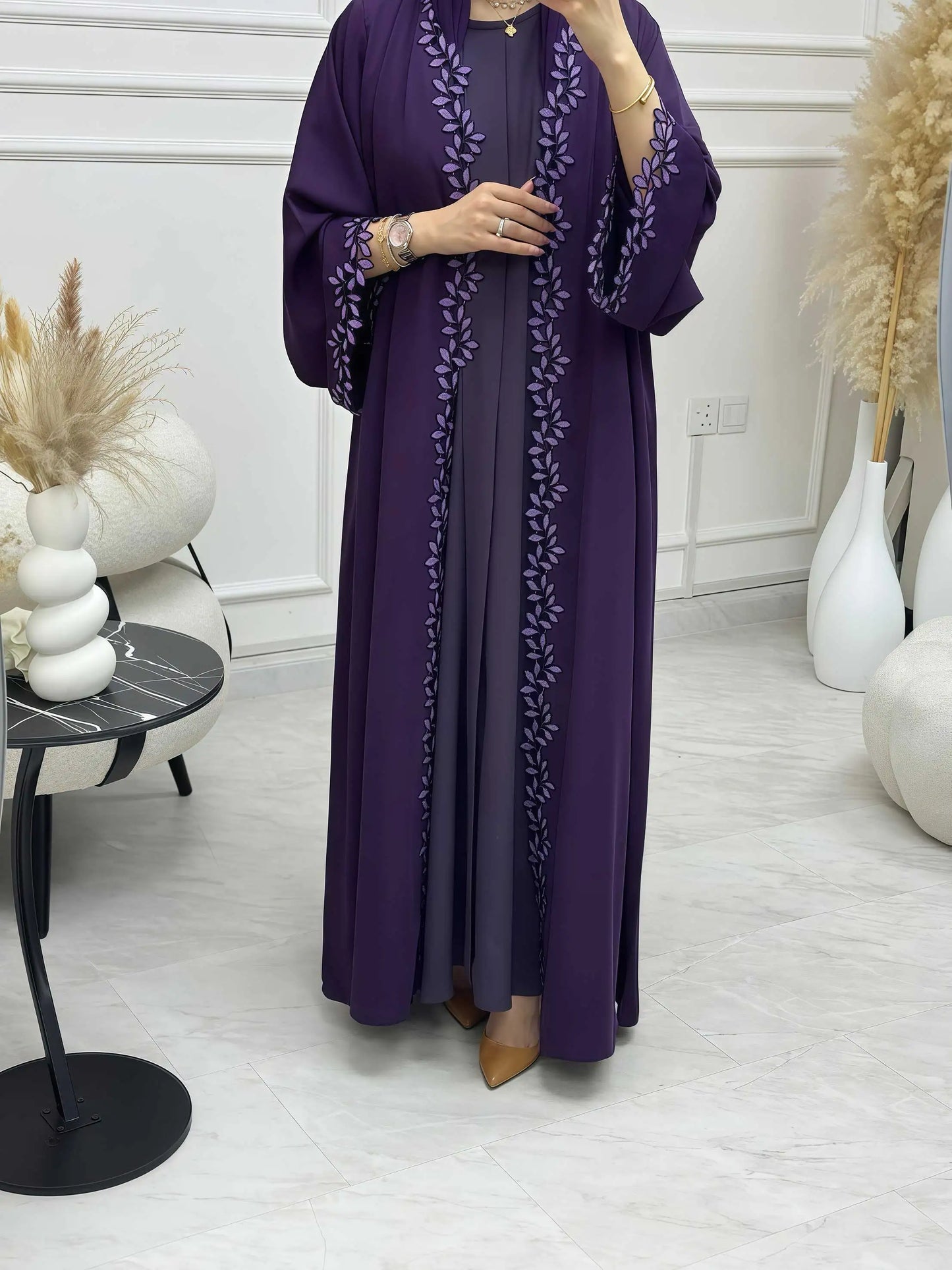 Dubai Elegant Beige Abaya for Muslim Women - Intricately Crafted with Multicolored Embroidery Piece in Islamic Modest Fashion