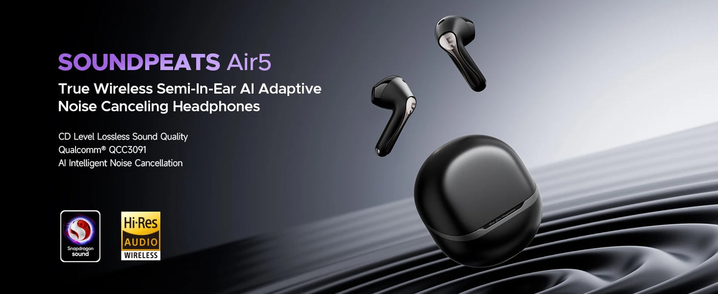 SoundPEATS Air5 ANC Bluetooth 5.4 Wireless Earbuds with Hi-Res Audio,aptX lossless,CVC V8.0,6MIC AI call noise reduction,IPX5