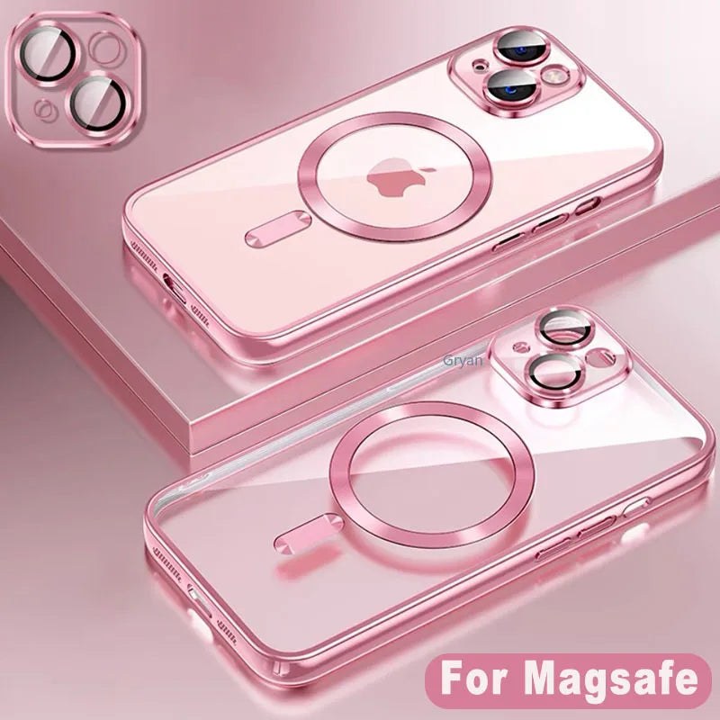 NEW Pink Transparent Magsafe Case For iPhone 16 15 14 13 11 Pro Max Magnetic Wireless Charge Back Shockproof Plating Soft Cover