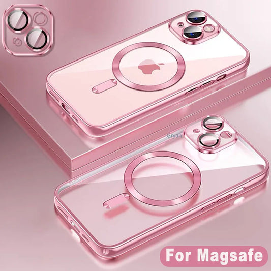NEW Pink Transparent Magsafe Case For iPhone 16 15 14 13 11 Pro Max Magnetic Wireless Charge Back Shockproof Plating Soft Cover