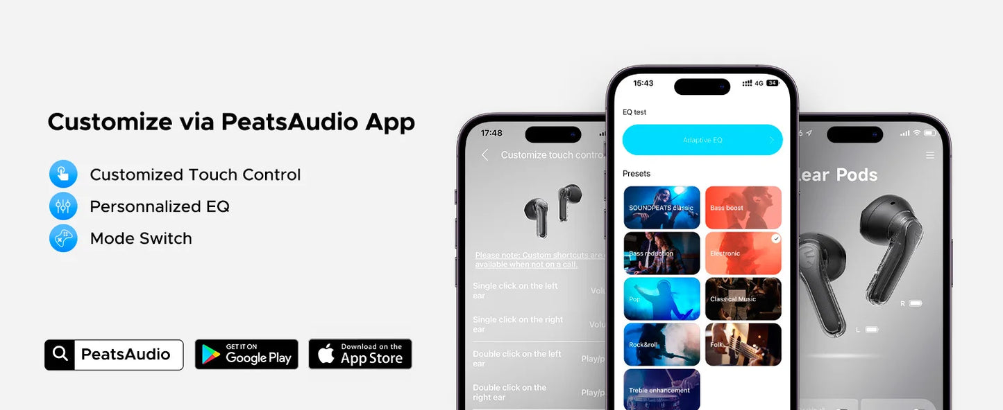 SoundPEATS Clear Pods Bluetooth Wireless Earphones with Dual ENC Mic, 13mm Drivers,Deep Bass, Total 40H Playtime, APP Control