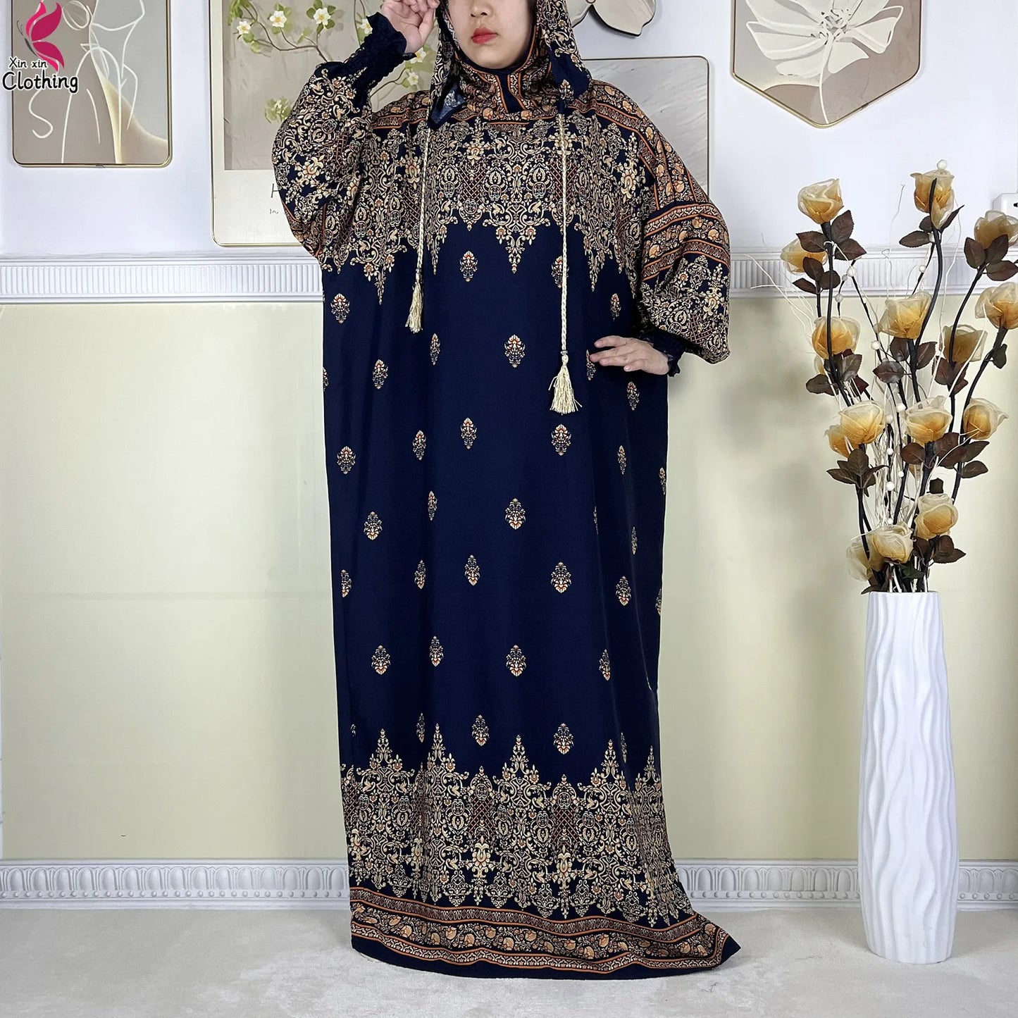 2025 Latest Cotton Abaya Double Hat Muslim Ramadan Prayer Clothing Casual Robe Long Sleeves Loose Woman Islam Prayer Clothing