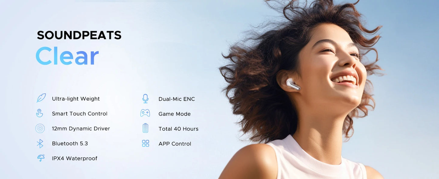 SoundPEATS Clear Transparent Series Bluetooth 5.3 True Wireless Earbuds with Dual ENC Mic, Gaming Mode, App Support, 40H