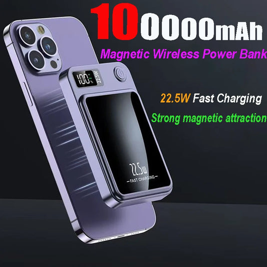 New 100000mah Capacity Power Bank Magnetic Wireless 22.5w Ultra Super Fast Charging Powerbank For Iphone Samsung Huawei Xiaomi