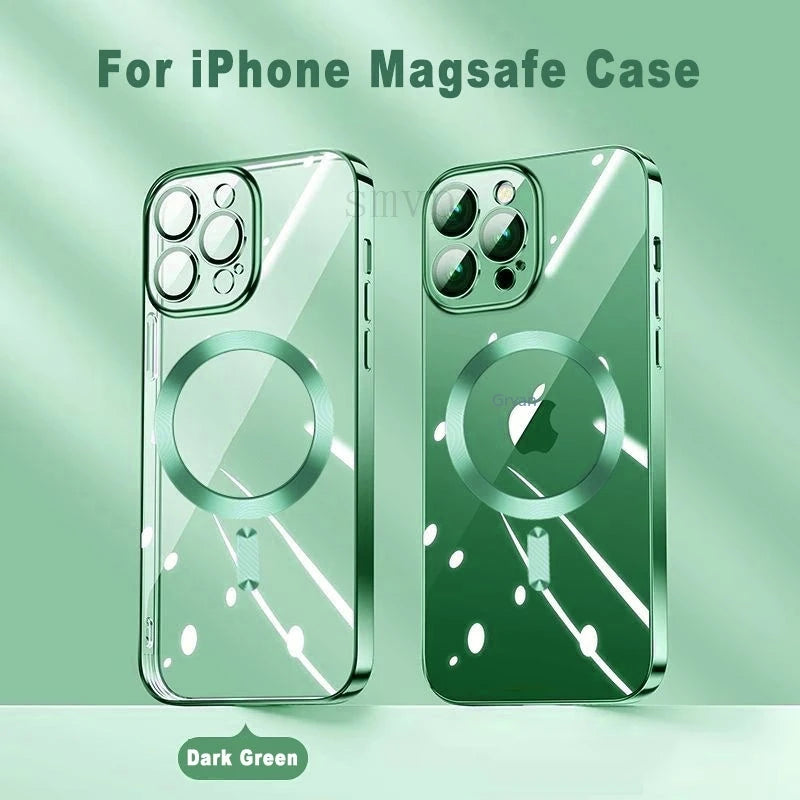 NEW Pink Transparent Magsafe Case For iPhone 16 15 14 13 11 Pro Max Magnetic Wireless Charge Back Shockproof Plating Soft Cover