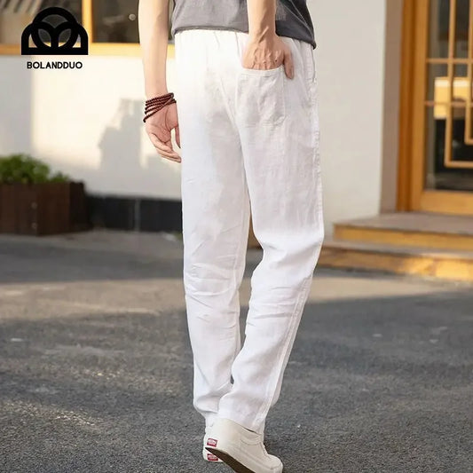 High-end 100% Pure Linen Pants Men's Thin Summer White Pants Casual Loose-fit Straight-leg Cotton Linen Trousers