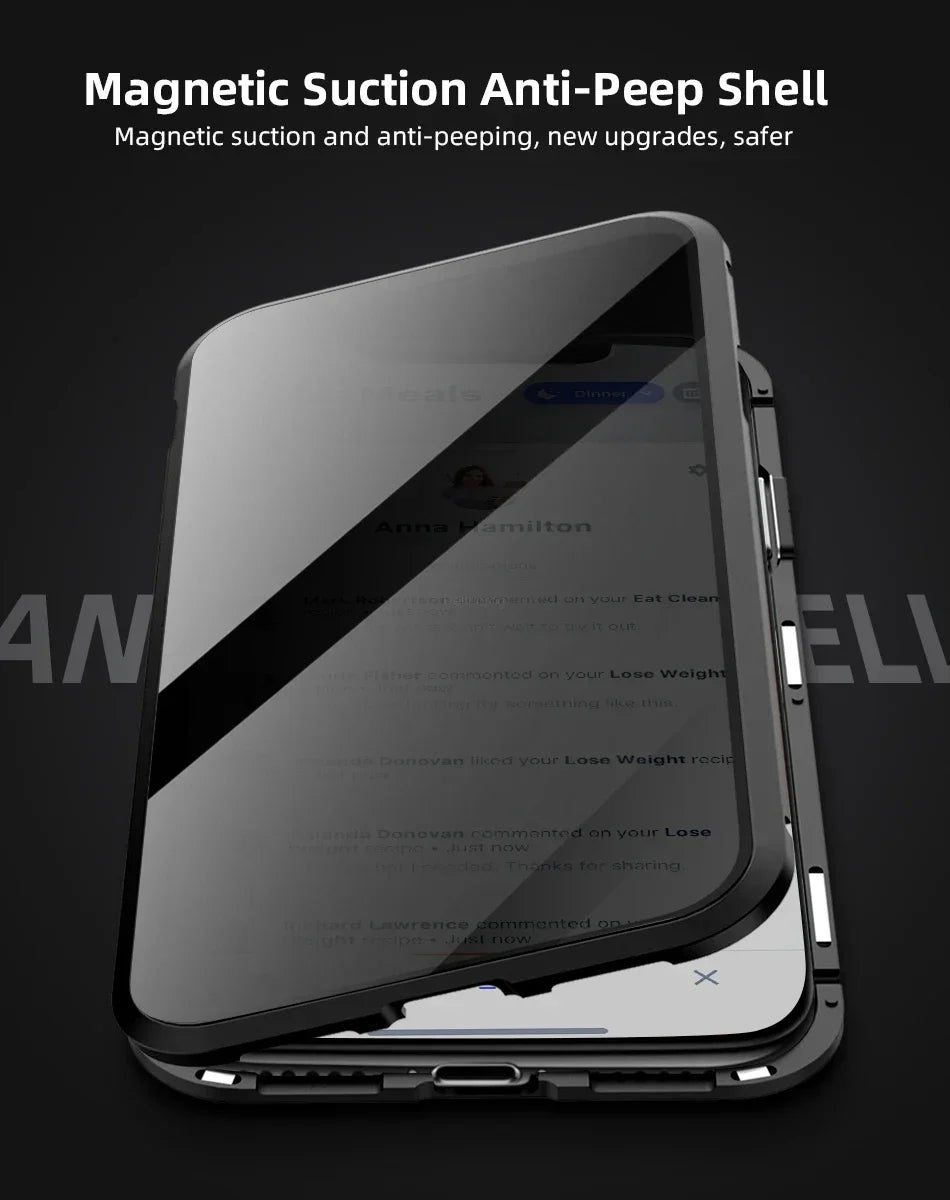 Magnetic tempered glass privacy metal case for iPhone 16 15 14 13 12 XR 11 pro Max 7 8 plus 360 magnet antispy protective cover